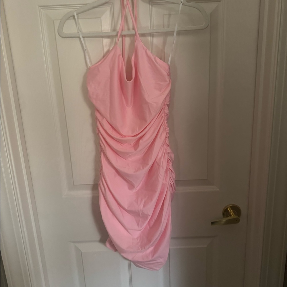 Pink Ruched Bodycon Spaghetti Strap Dress - Picture 9 of 11